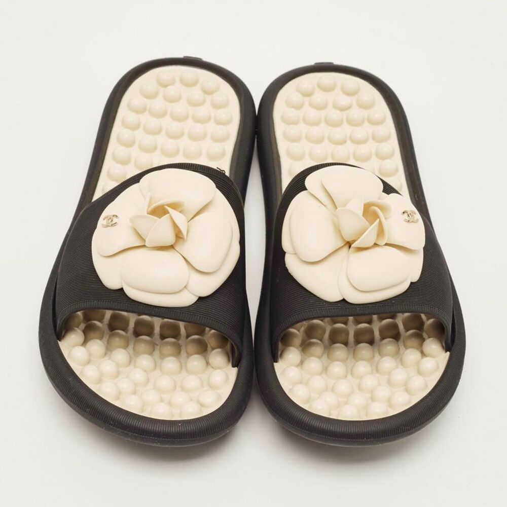 Chanel Cc Camellia Size 40 Black Rubber Flat Slide - Picture 3 of 7